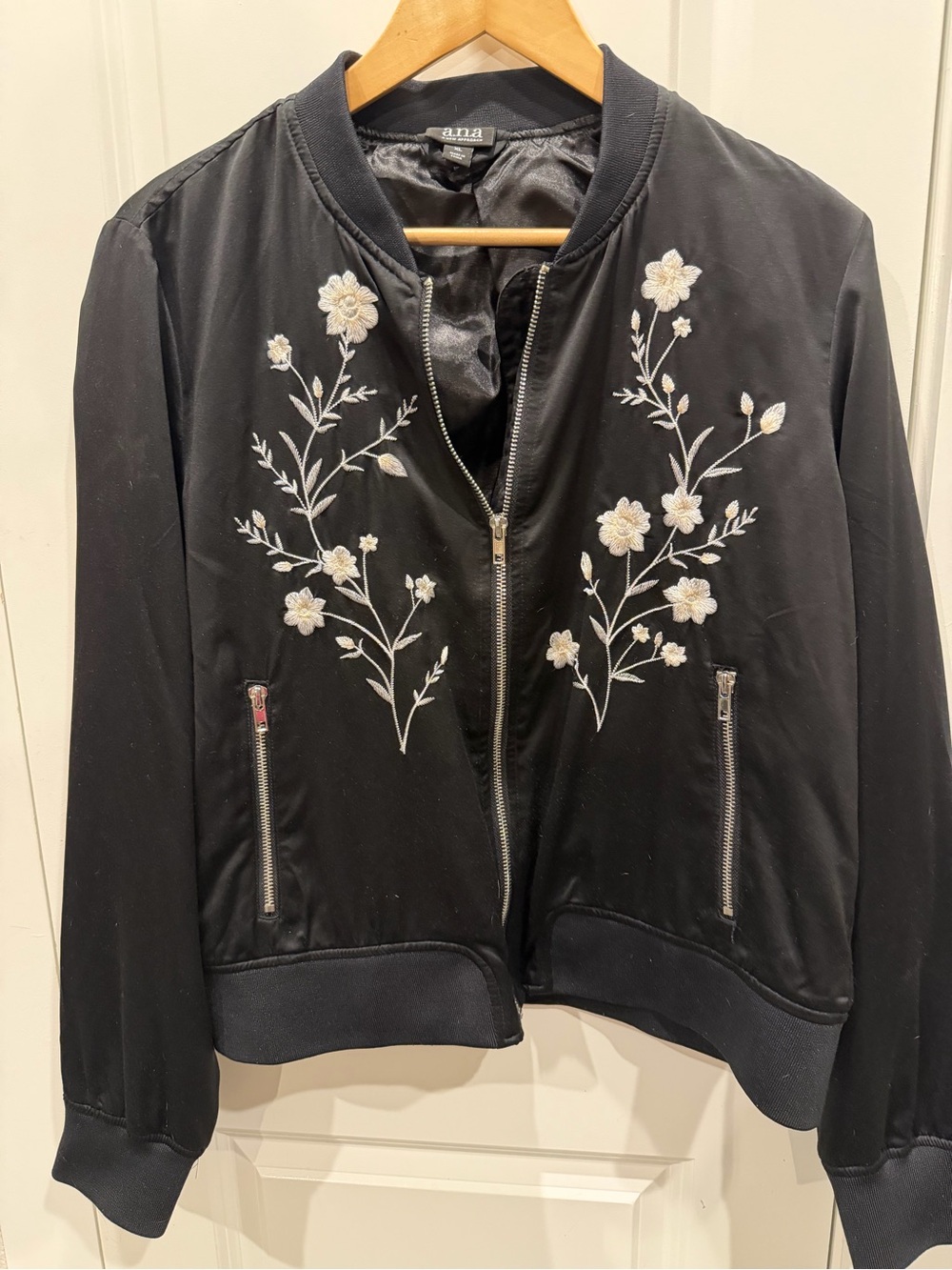 Anna Black Bomber Jacket with White Floral Embroidery
